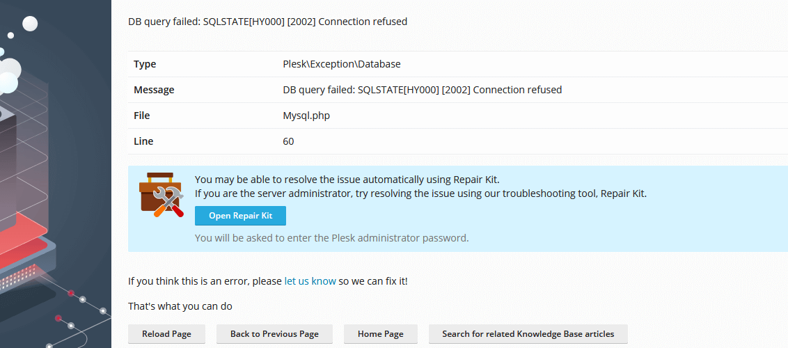 Solution for Plesk Panel 500 Plesk\Exception\Database Error